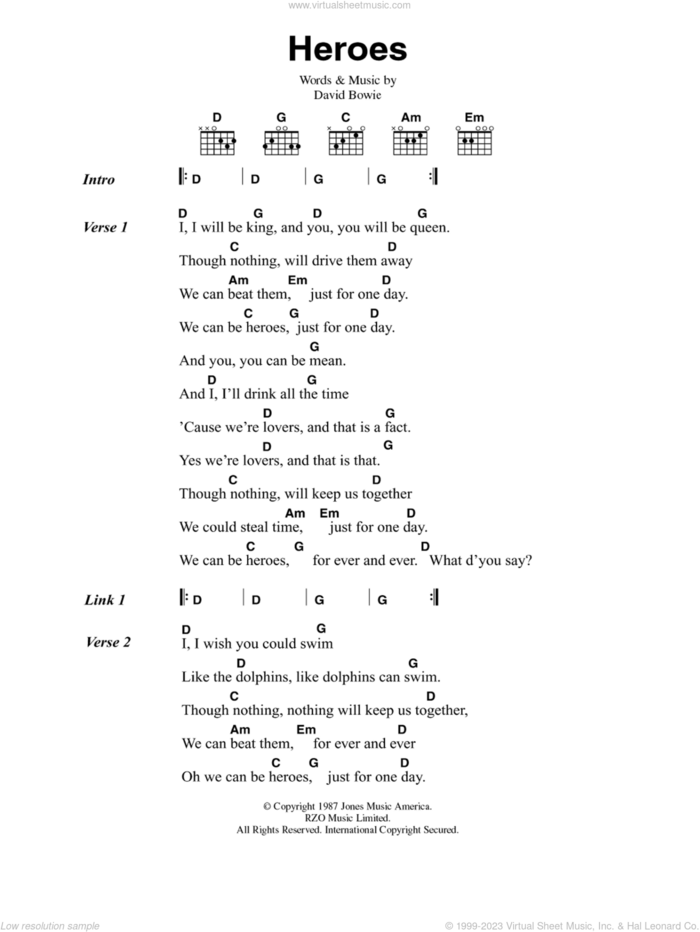 Heroes sheet music for guitar (chords) by David Bowie and Brian Eno, intermediate skill level