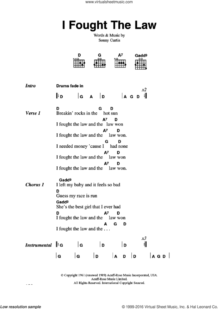 I Fought The Law sheet music for guitar (chords) by The Clash and Sonny Curtis, intermediate skill level