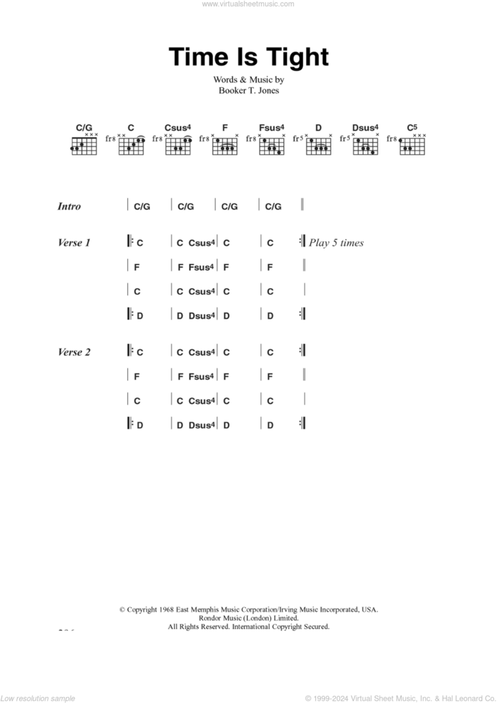 Time Is Tight sheet music for guitar (chords) by The Clash and Booker T. Jones, intermediate skill level