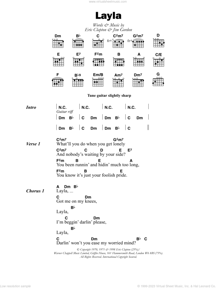 Layla sheet music for guitar (chords) by Eric Clapton and Jim Gordon, intermediate skill level