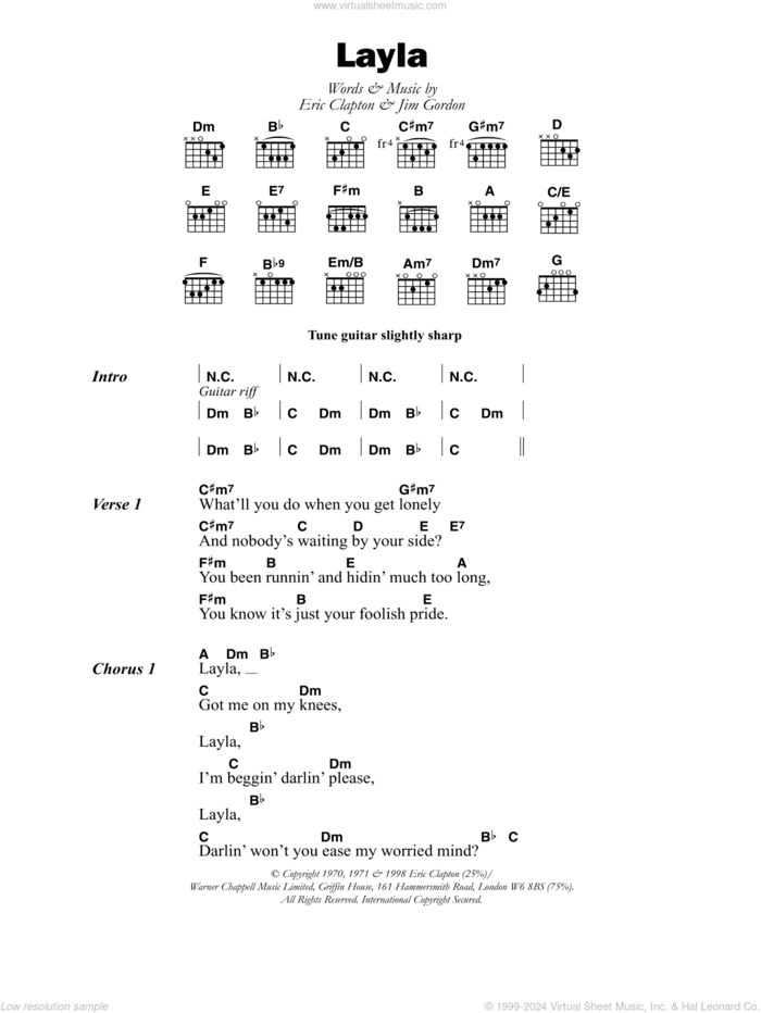 Layla sheet music for guitar (chords) by Eric Clapton and Jim Gordon, intermediate skill level