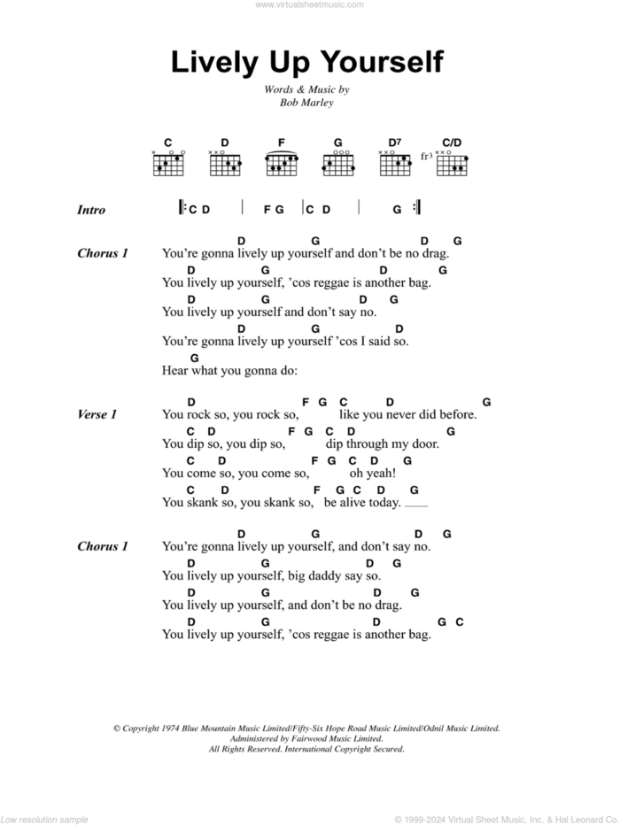 Lively Up Yourself sheet music for guitar (chords) by Bob Marley, intermediate skill level