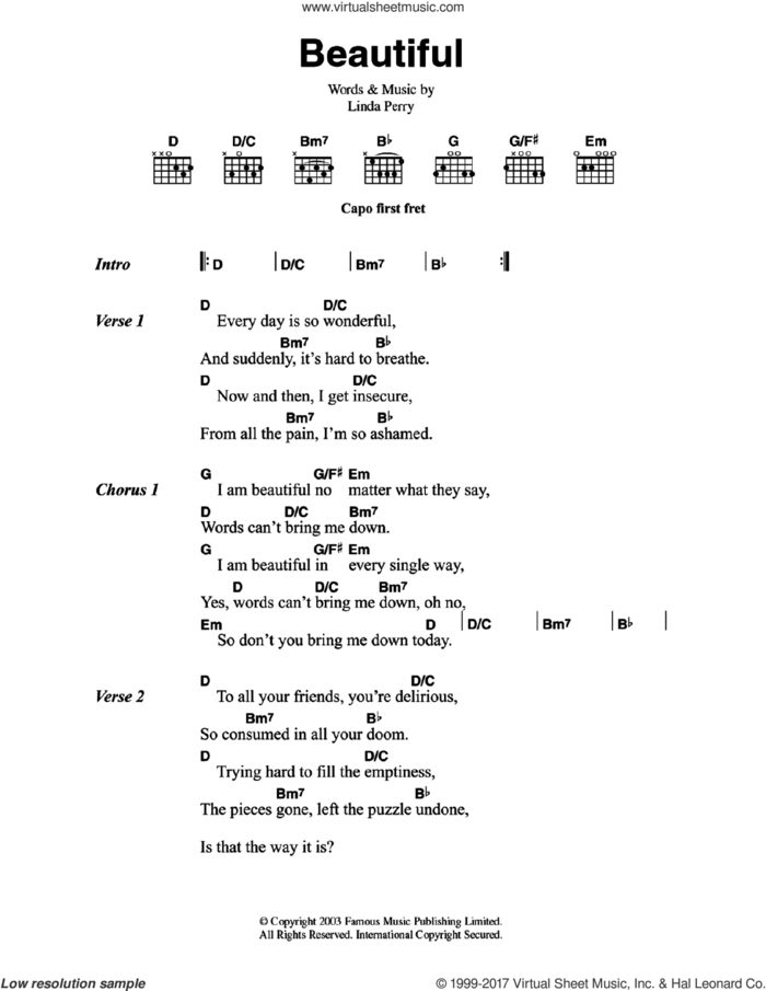 Beautiful sheet music for guitar (chords) by Christina Aguilera and Linda Perry, intermediate skill level