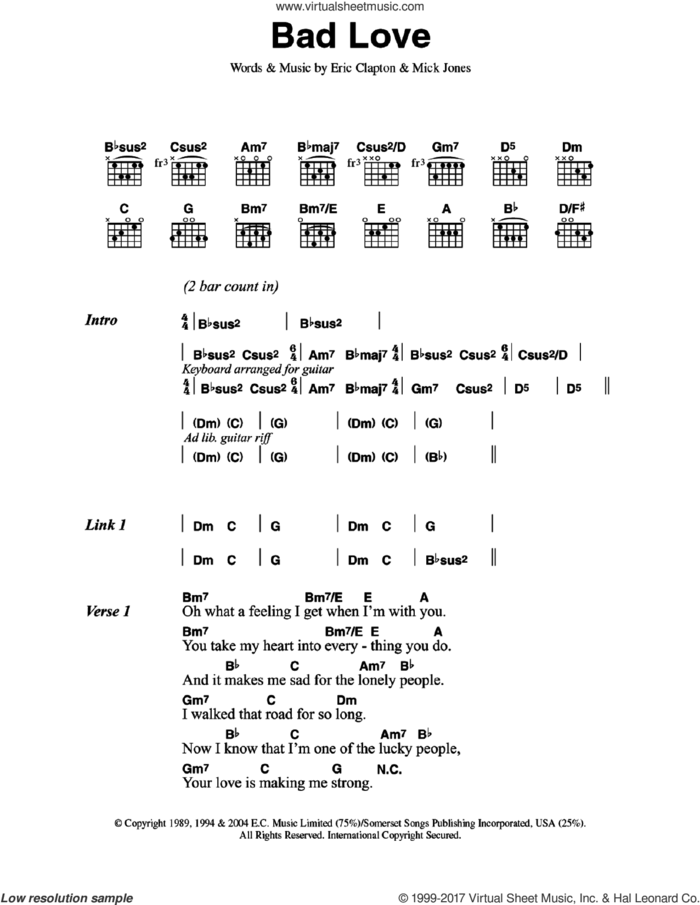 Bad Love sheet music for guitar (chords) by Eric Clapton and Mick Jones, intermediate skill level