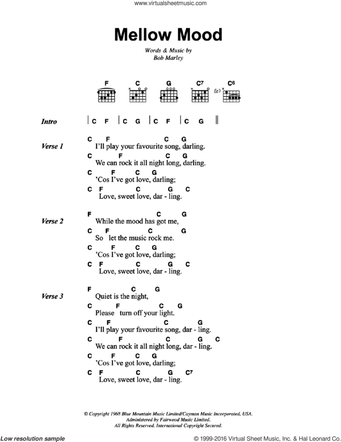 Mellow Mood sheet music for guitar (chords) by Bob Marley, intermediate skill level