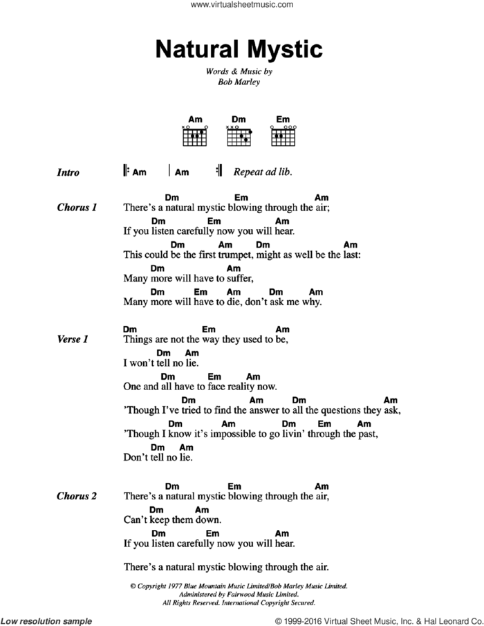 Natural Mystic sheet music for guitar (chords) by Bob Marley, intermediate skill level