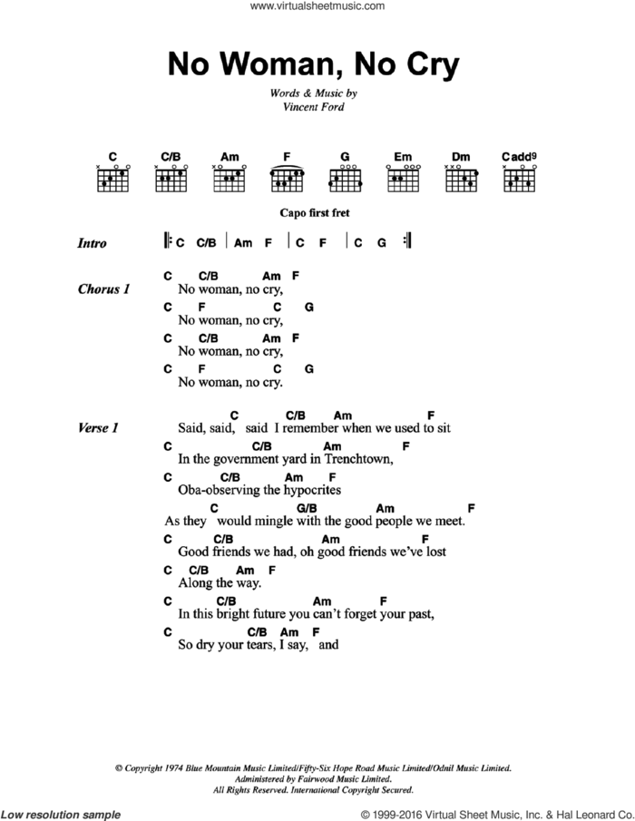 No Woman No Cry sheet music for guitar (chords) by Bob Marley and Vincent Ford, intermediate skill level