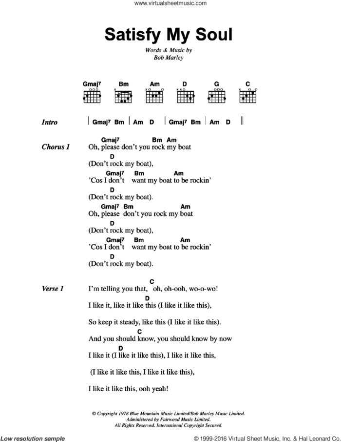 Satisfy My Soul sheet music for guitar (chords) by Bob Marley, intermediate skill level