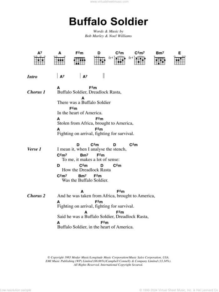 Buffalo Soldier sheet music for guitar (chords) by Bob Marley and Noel Williams, intermediate skill level