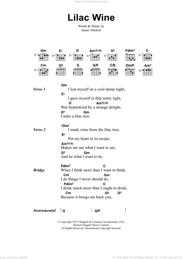 Lilac Wine sheet music for guitar (chords) by Jeff Buckley and James Shelton, intermediate skill level