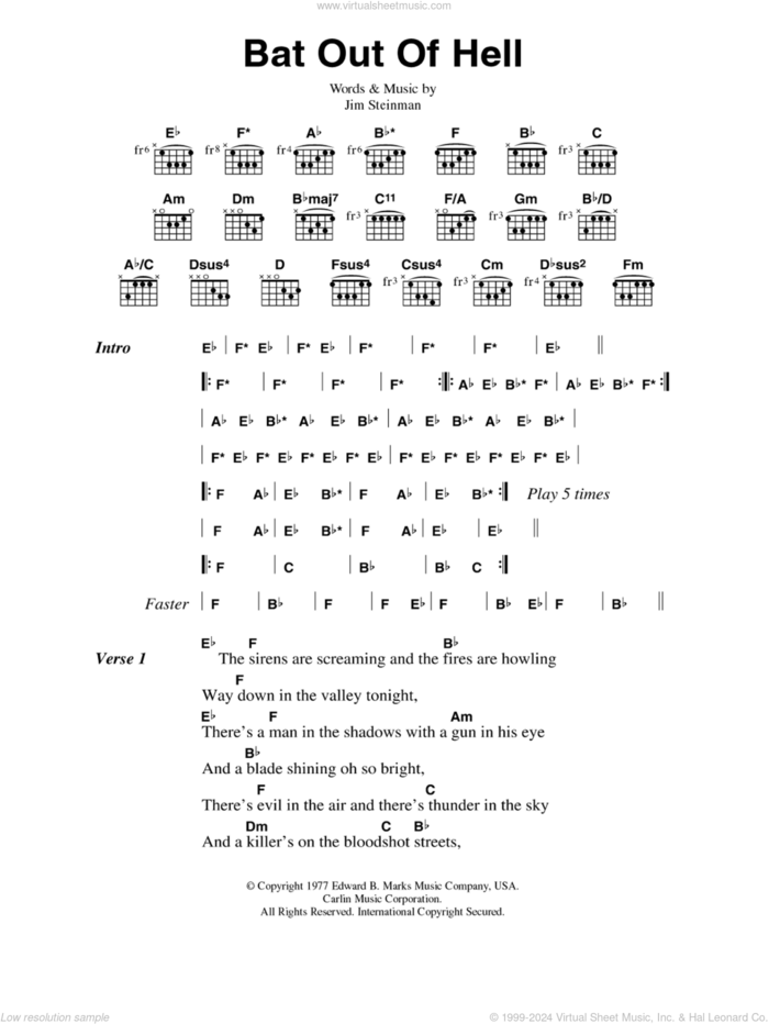 Bat Out Of Hell sheet music for guitar (chords) by Meat Loaf and Jim Steinman, intermediate skill level