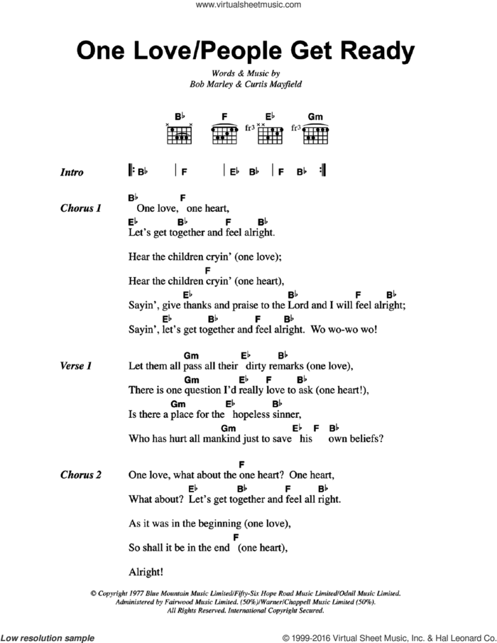 One Love/People Get Ready sheet music for guitar (chords) by Bob Marley and Curtis Mayfield, intermediate skill level
