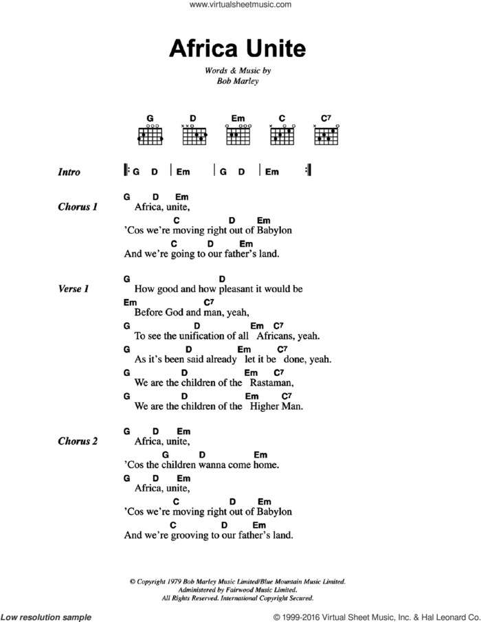 Africa Unite sheet music for guitar (chords) by Bob Marley, intermediate skill level