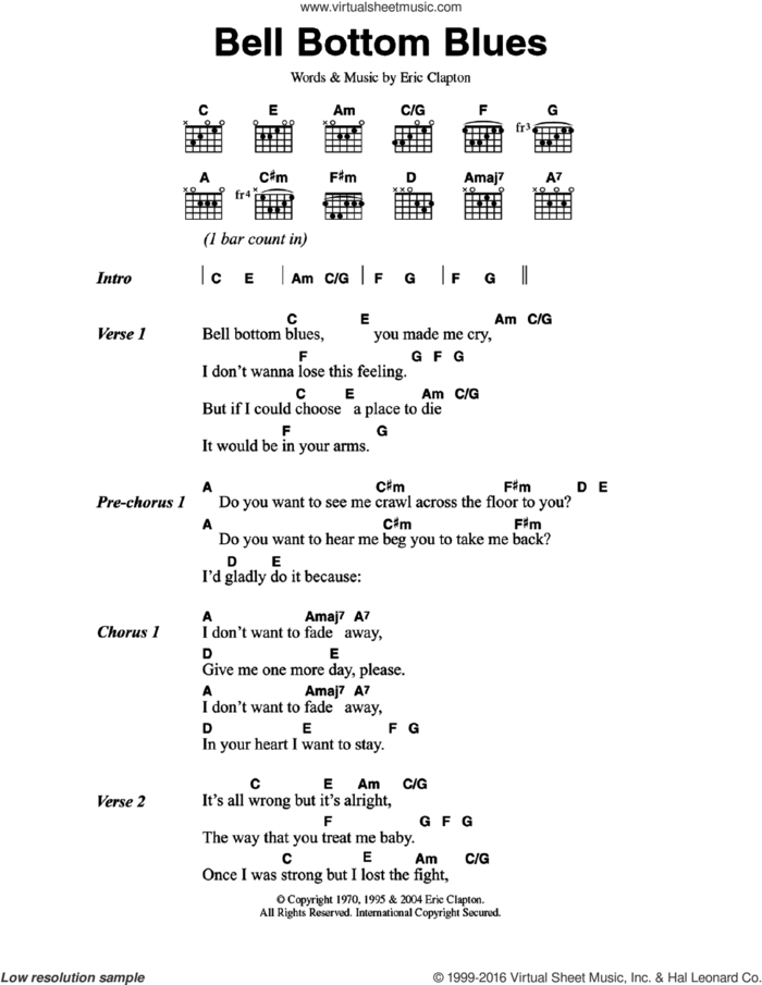 Bell Bottom Blues sheet music for guitar (chords) by Eric Clapton and Derek And The Dominos, intermediate skill level