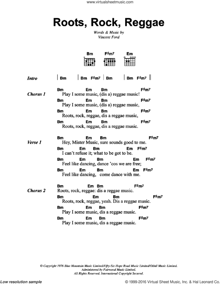 Roots, Rock, Reggae sheet music for guitar (chords) by Bob Marley and Vincent Ford, intermediate skill level