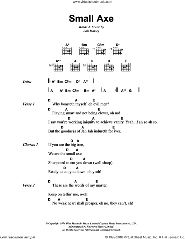 Small Axe sheet music for guitar (chords) by Bob Marley, intermediate skill level