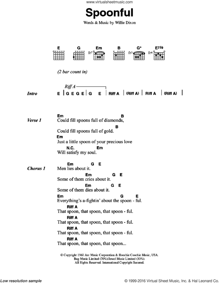 Spoonful sheet music for guitar (chords) by Cream and Willie Dixon, intermediate skill level