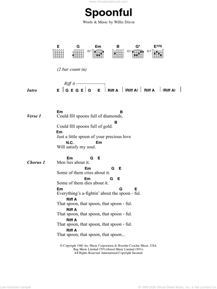 Spoonful sheet music for guitar (chords) by Cream and Willie Dixon, intermediate skill level