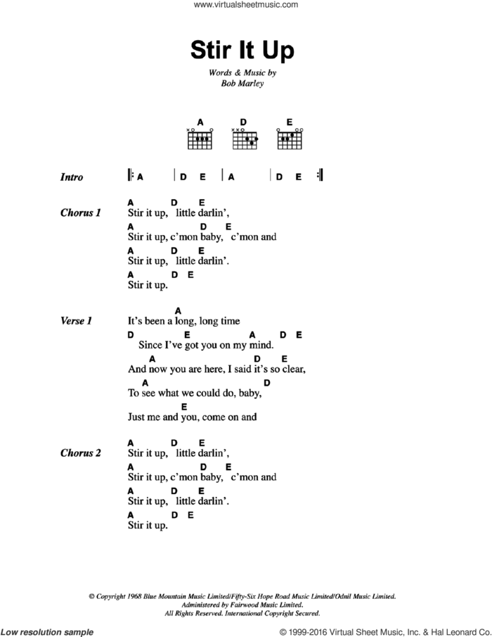 Stir It Up sheet music for guitar (chords) by Bob Marley, intermediate skill level