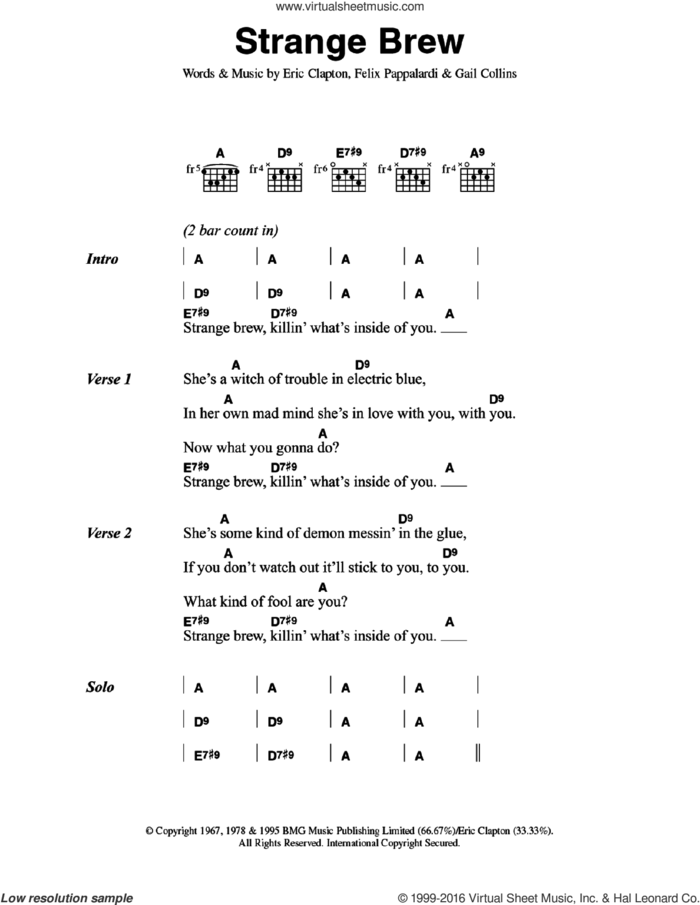 Strange Brew sheet music for guitar (chords) by Cream, Felix Pappalardi and Gail Collins, intermediate skill level