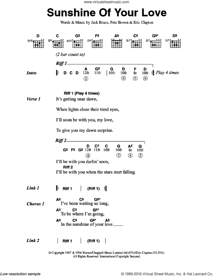 Sunshine Of Your Love sheet music for guitar (chords) by Cream, Jack Bruce and Pete Brown, intermediate skill level