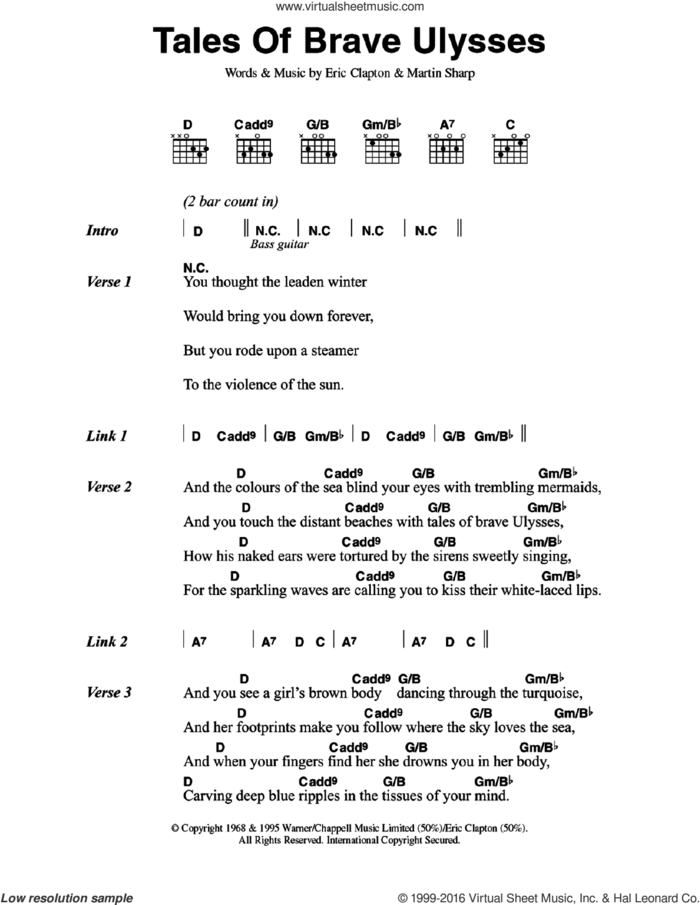 Tales Of Brave Ulysses sheet music for guitar (chords) by Cream and Martin Sharp, intermediate skill level