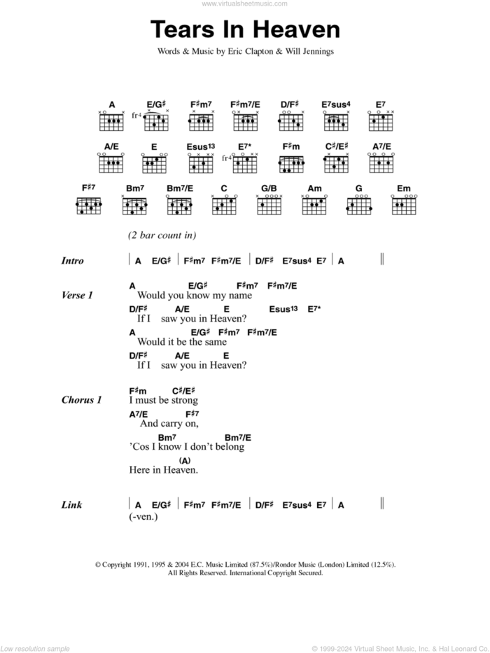 Tears In Heaven sheet music for guitar (chords) by Eric Clapton and Will Jennings, intermediate skill level