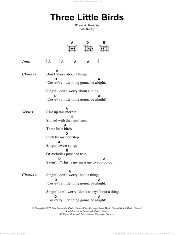 Three Little Birds sheet music for guitar (chords) by Bob Marley, intermediate skill level