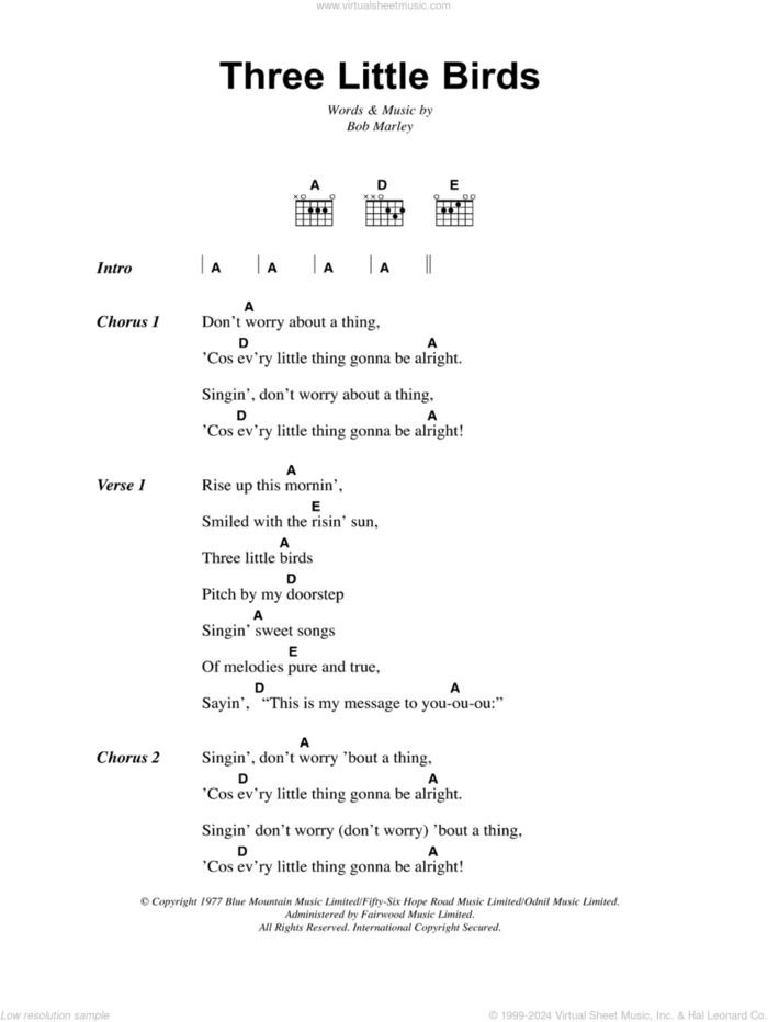 Three Little Birds sheet music for guitar (chords) by Bob Marley, intermediate skill level