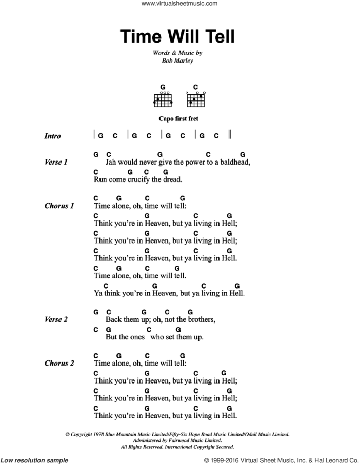 Time Will Tell sheet music for guitar (chords) by Bob Marley, intermediate skill level