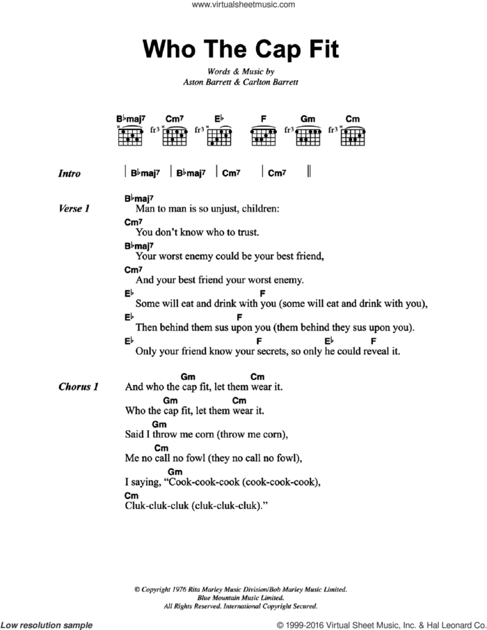 Who The Cap Fit sheet music for guitar (chords) by Bob Marley, Aston Barrett and Carlton Barrett, intermediate skill level