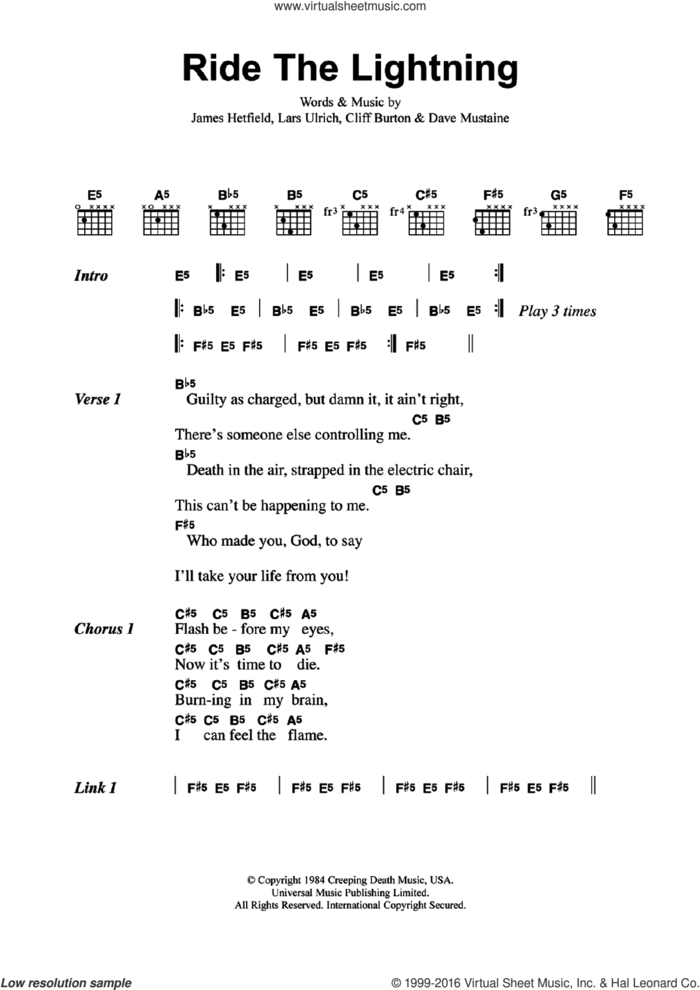 Ride The Lightning sheet music for guitar (chords) by Metallica, Cliff Burton, Dave Mustaine, James Hetfield and Lars Ulrich, intermediate skill level