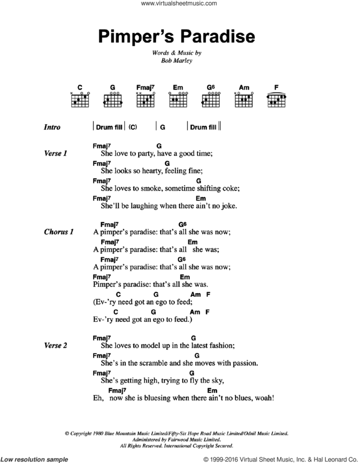 Pimper's Paradise sheet music for guitar (chords) by Bob Marley, intermediate skill level