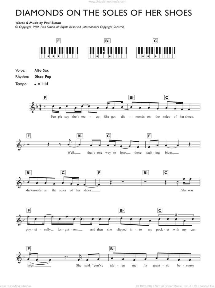 Diamonds On The Soles Of Her Shoes sheet music for piano solo (chords, lyrics, melody) by Paul Simon, intermediate piano (chords, lyrics, melody)