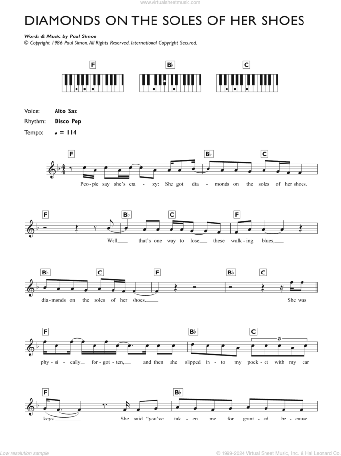 Diamonds On The Soles Of Her Shoes sheet music for piano solo (chords, lyrics, melody) by Paul Simon, intermediate piano (chords, lyrics, melody)