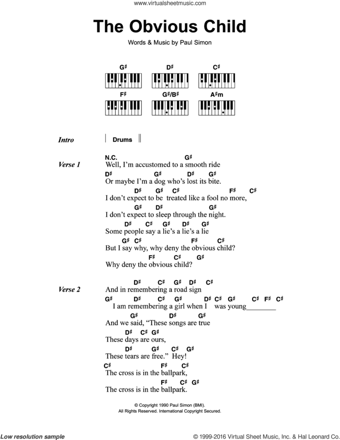 The Obvious Child sheet music for piano solo (chords, lyrics, melody) by Paul Simon, intermediate piano (chords, lyrics, melody)