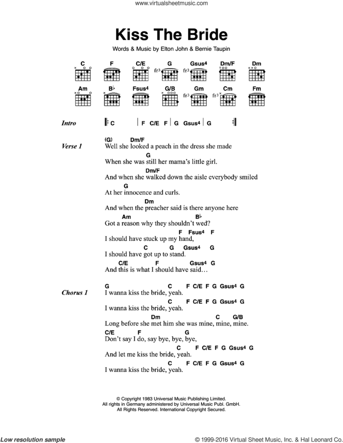 Kiss The Bride sheet music for guitar (chords) by Elton John and Bernie Taupin, intermediate skill level