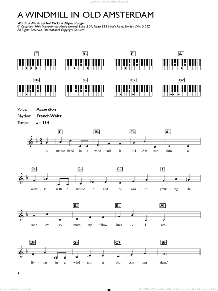 A Windmill In Old Amsterdam sheet music for piano solo (chords, lyrics, melody) by Ronnie Hilton, Myles Rudge and Ted Dicks, intermediate piano (chords, lyrics, melody)