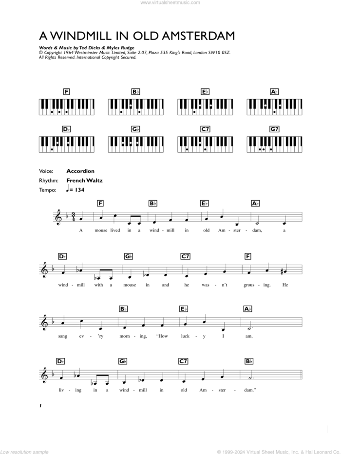 A Windmill In Old Amsterdam sheet music for piano solo (chords, lyrics, melody) by Ronnie Hilton, Myles Rudge and Ted Dicks, intermediate piano (chords, lyrics, melody)