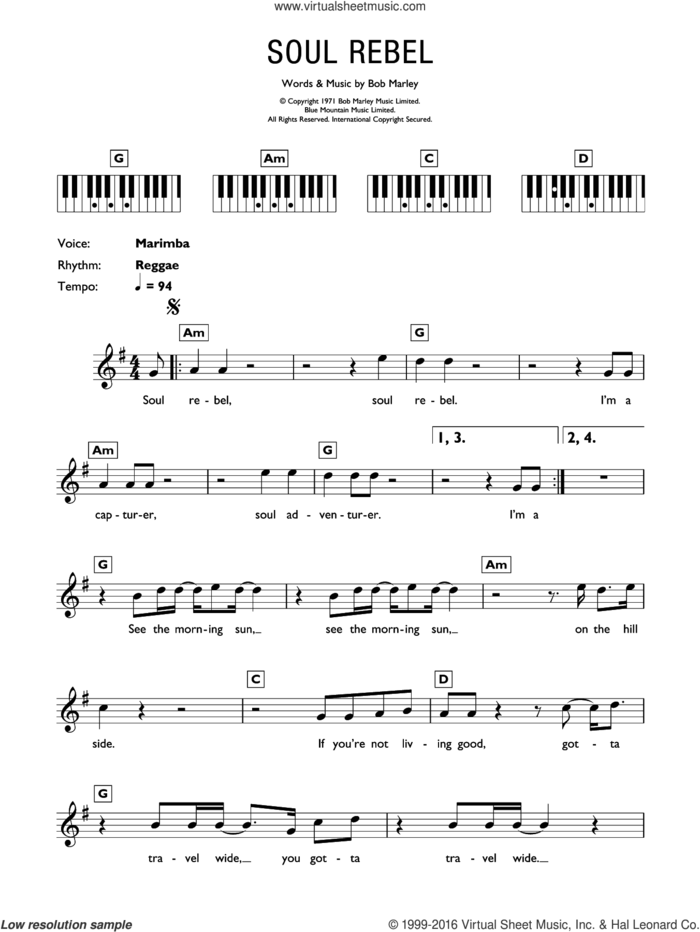 Soul Rebel sheet music for piano solo (chords, lyrics, melody) by Bob Marley, intermediate piano (chords, lyrics, melody)