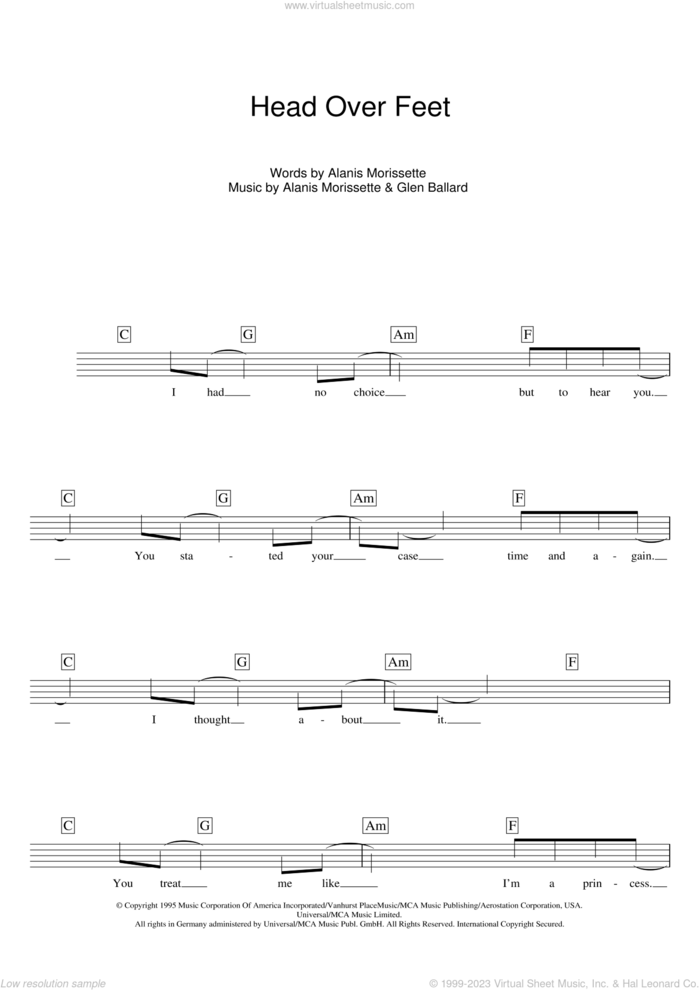 Head Over Feet sheet music for voice and other instruments (fake book) by Alanis Morissette and Glen Ballard, intermediate skill level
