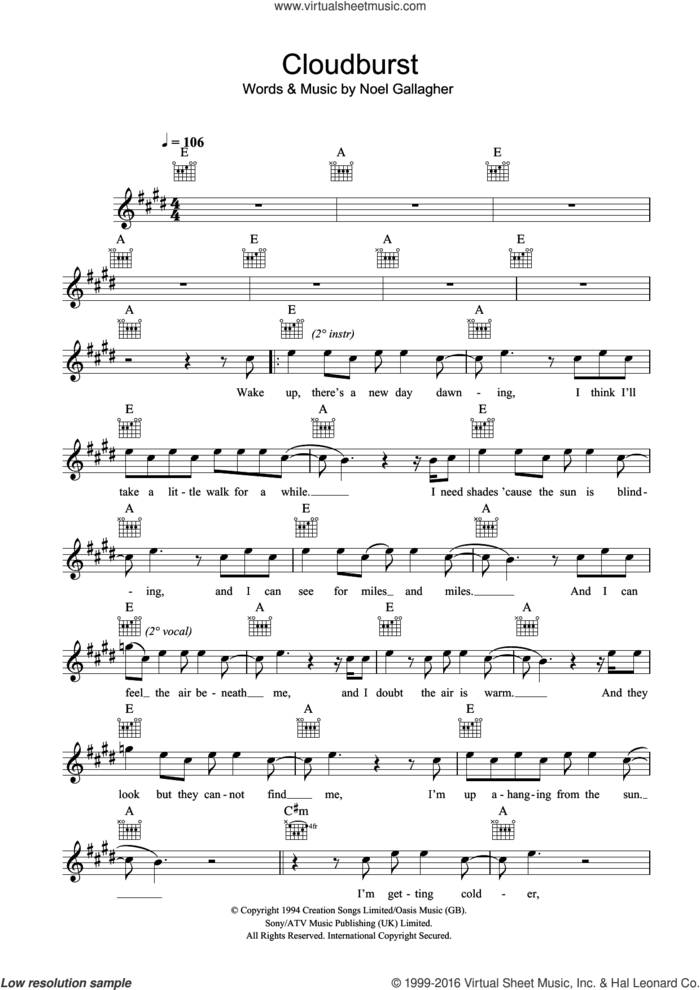 Cloudburst sheet music for voice and other instruments (fake book) by Oasis and Noel Gallagher, intermediate skill level