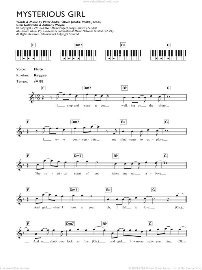 Mysterious Girl sheet music for piano solo (chords, lyrics, melody) by Peter Andre, Anthony Wayne, Glen Goldsmith, Oliver Jacobs and Phillip Jacobs, intermediate piano (chords, lyrics, melody)