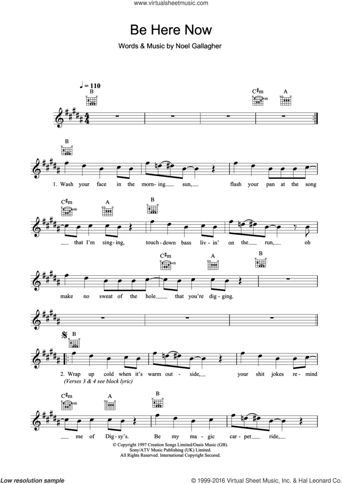 Be Here Now sheet music for voice and other instruments (fake book) by Oasis and Noel Gallagher, intermediate skill level