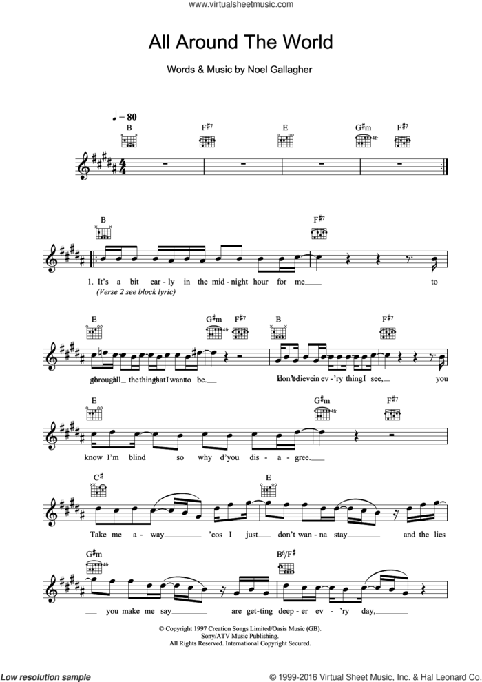 All Around The World (Reprise) sheet music for voice and other instruments (fake book) by Oasis and Noel Gallagher, intermediate skill level