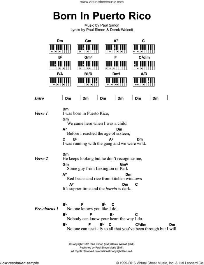 Born In Puerto Rico sheet music for piano solo (chords, lyrics, melody) by Paul Simon and Derek Walcott, intermediate piano (chords, lyrics, melody)
