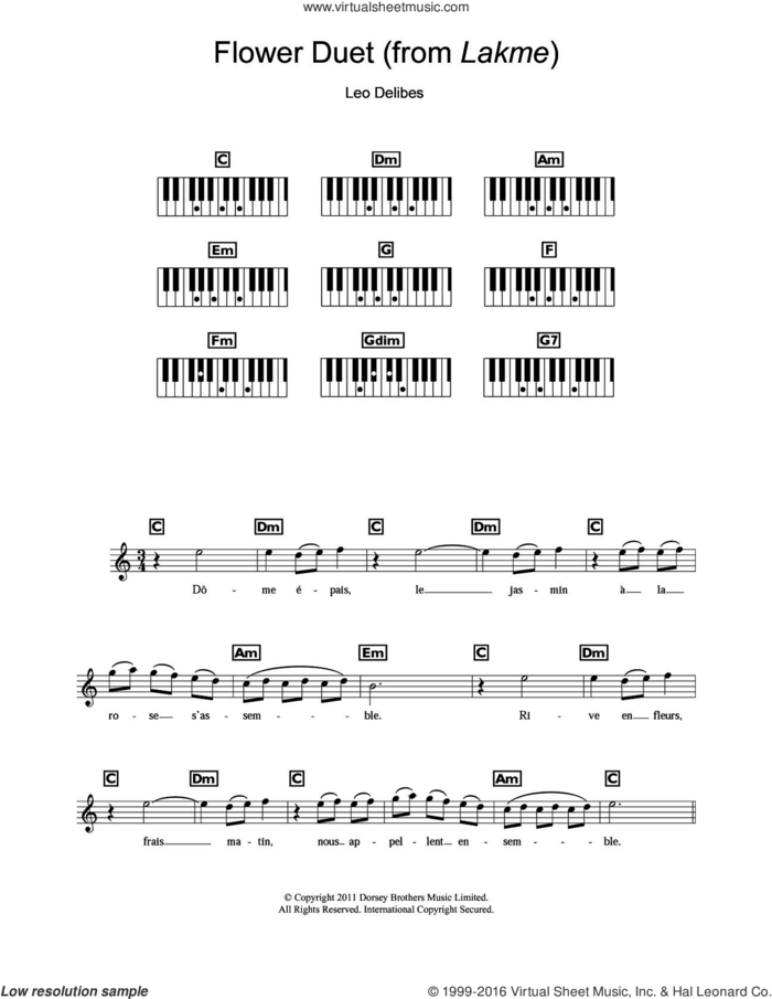 Flower Duet (from Lakme) sheet music for piano solo (chords, lyrics, melody) by Leo Delibes and Leo Delibes, classical score, intermediate piano (chords, lyrics, melody)