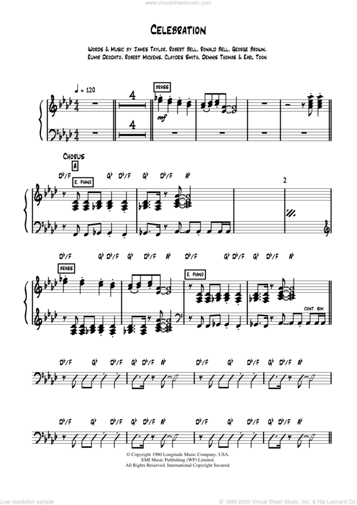 Celebration sheet music for piano solo (chords, lyrics, melody) by Kool And The Gang, Claydes Smith, Dennis Thomas, Earl Toon, Eumir Deodato, George Brown, James Taylor, Robert Bell, Robert Mickens and Ronald Bell, intermediate piano (chords, lyrics, melody)