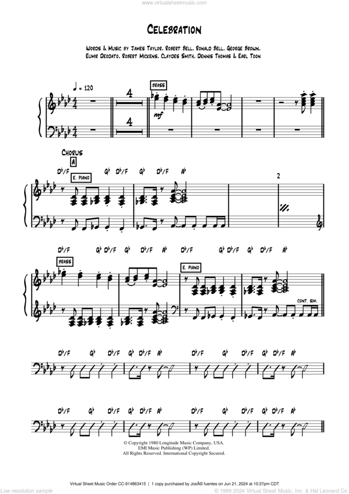 Celebration sheet music for piano solo (chords, lyrics, melody) by Kool And The Gang, Claydes Smith, Dennis Thomas, Earl Toon, Eumir Deodato, George Brown, James Taylor, Robert Bell, Robert Mickens and Ronald Bell, intermediate piano (chords, lyrics, melody)