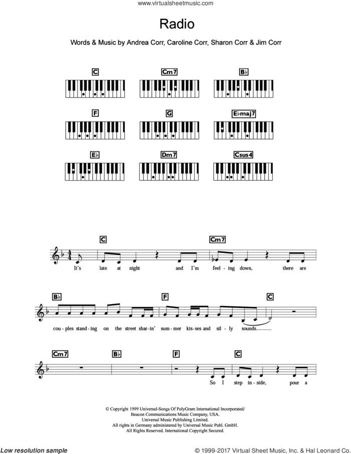 Radio sheet music for piano solo (chords, lyrics, melody) by The Corrs, Andrea Corr, Caroline Corr, Jim Corr and Sharon Corr, intermediate piano (chords, lyrics, melody)